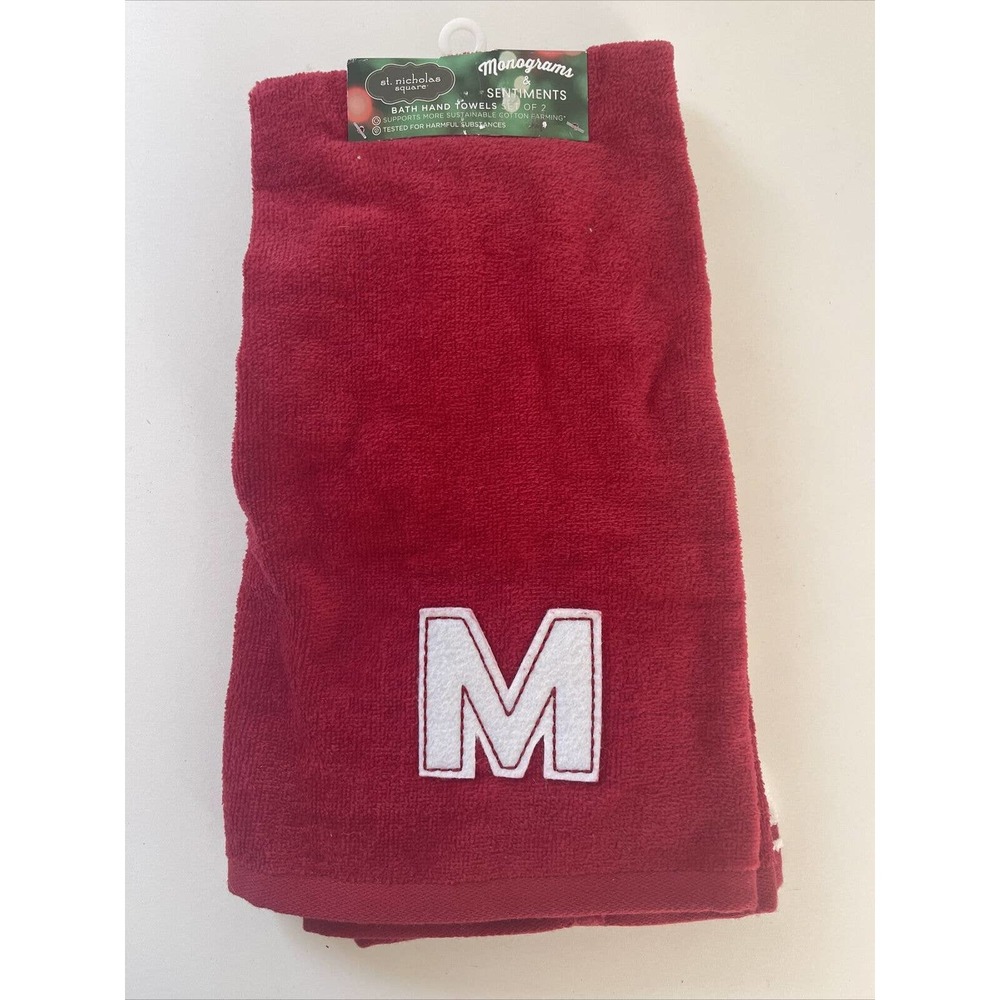 St. Nicholas Square Monogram Hand Towel 2-pack Set (M) Red And Check NEW